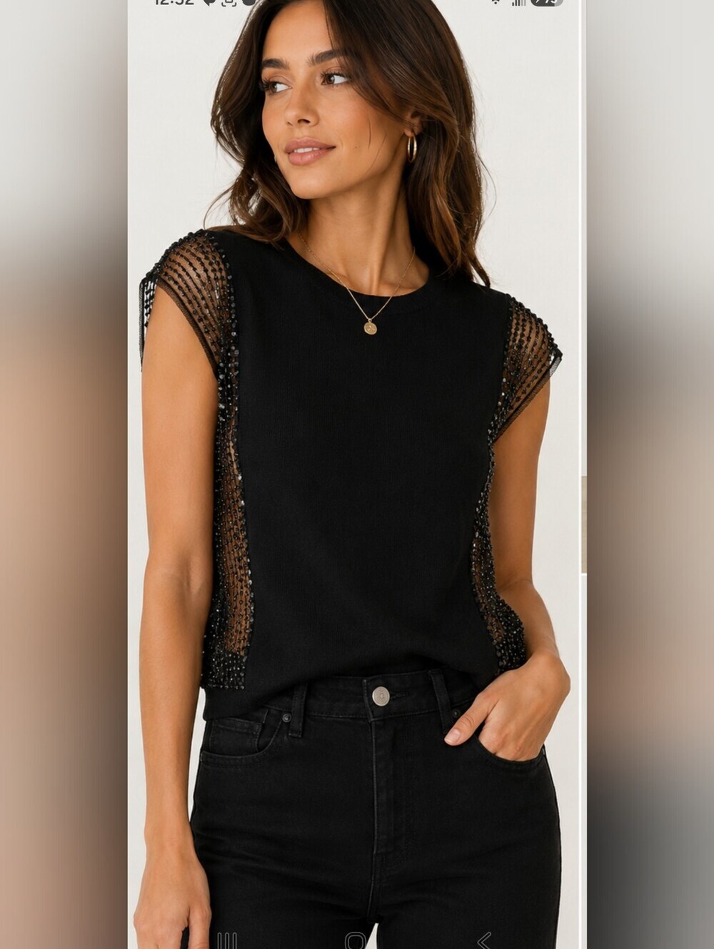 Zara Black Knit Top with Beaded Mesh Sleeves Size M
